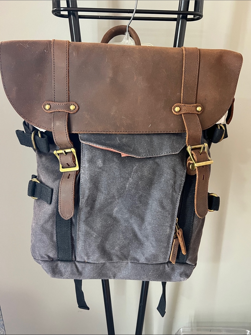 Waxed Canvas Backpack with Brown Leather Flap - Gray